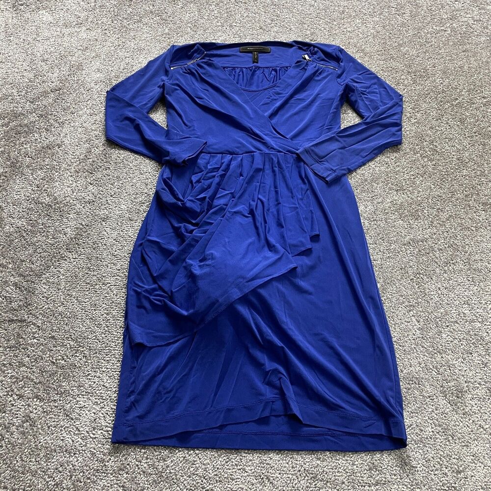 BCBGMAXAZRIA Dress Womens XS Blue A Line Midi Stretch Long Sleeve Zip Shoulders